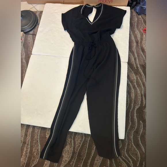 Zara black short sleeve jumpsuit white olive stripe - Picture 10 of 11